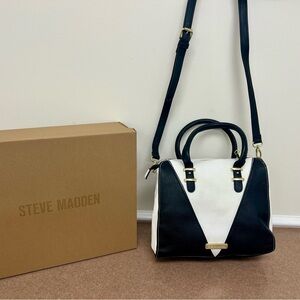 Steve Madden Handbag Purse Top Handles Shoulder Strap Black & White PU Leather